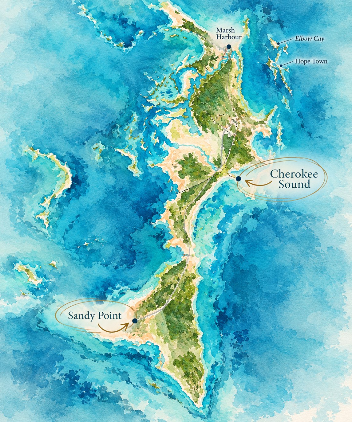 Illustrated watercolor map of Abaco, The Bahamas, emphasizing Cherokee Sound and Sandy Point, with Marsh Harbour, Elbow Cay and Hope Town shown as secondary reference points