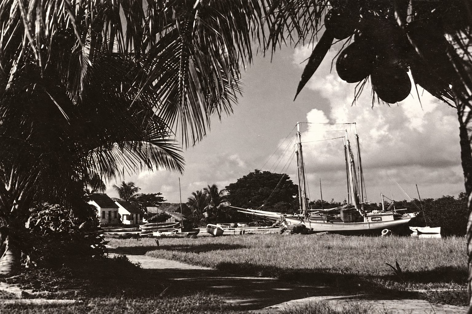 An archival black-and-white photograph of a Bahamian shoreline seen through palm fronds, with small wood-frame houses, boats pulled up on the grass and a three-masted schooner further out