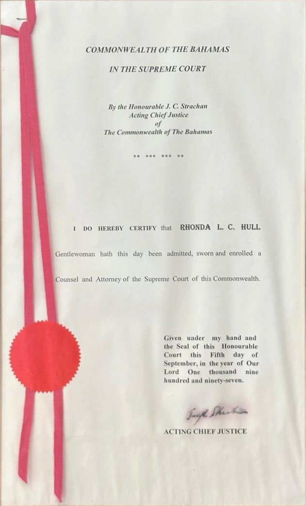 Certificate from the Supreme Court of the Commonwealth of The Bahamas admitting Rhonda L.C. Hull as counsel and attorney, 1997, bearing visible water damage from Hurricane Dorian