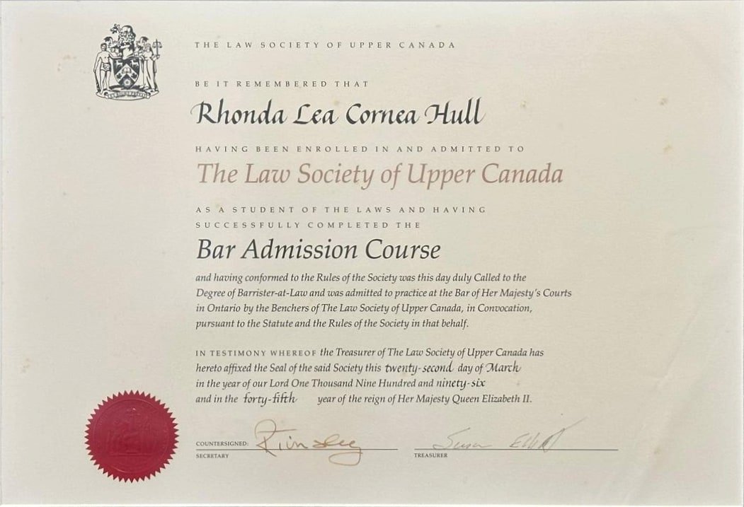 Certificate from the Law Society of Upper Canada admitting Rhonda Lea Cornea Hull to the Bar of Ontario, 1996