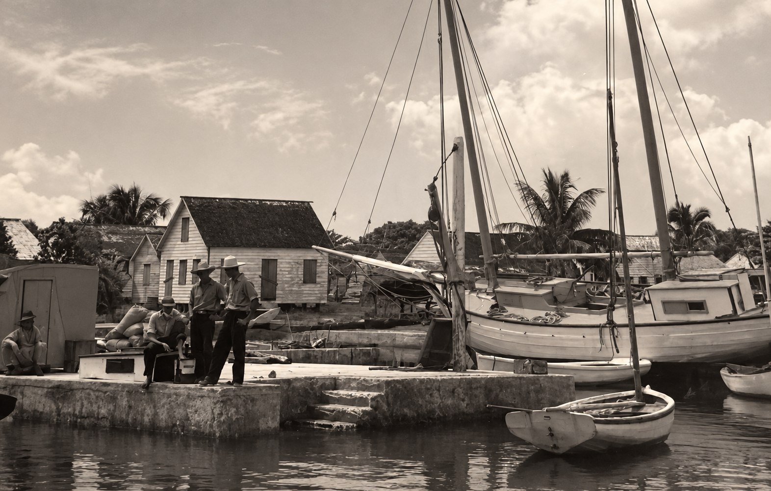 An archival black-and-white photograph of men standing on a dock at Cherokee Sound, Abaco, with wood-frame houses, palm trees and sailing boats behind them