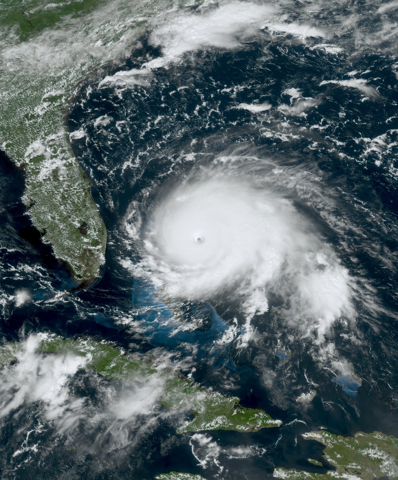 Satellite image of Hurricane Dorian at peak intensity, its eye visible over the Bahamas near Florida