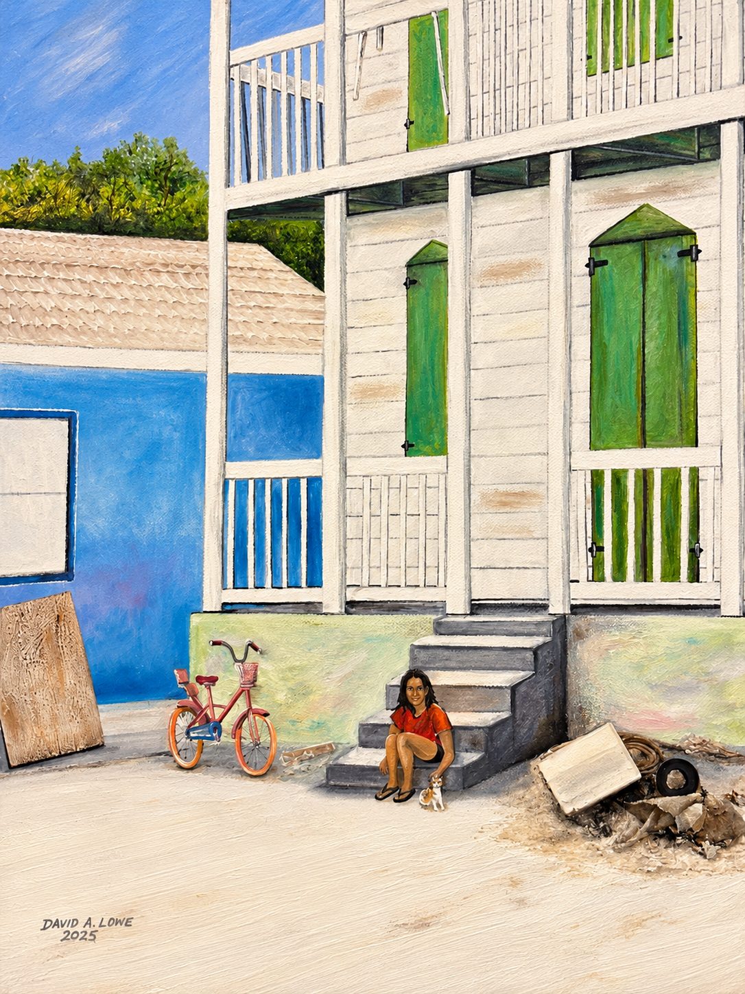 Painting titled Island Girl by David A. Lowe, showing a child sitting on the steps of a two-storey Bahamian house with green shutters, a pink bicycle, a cat and scraps of wood nearby, against a blue wall