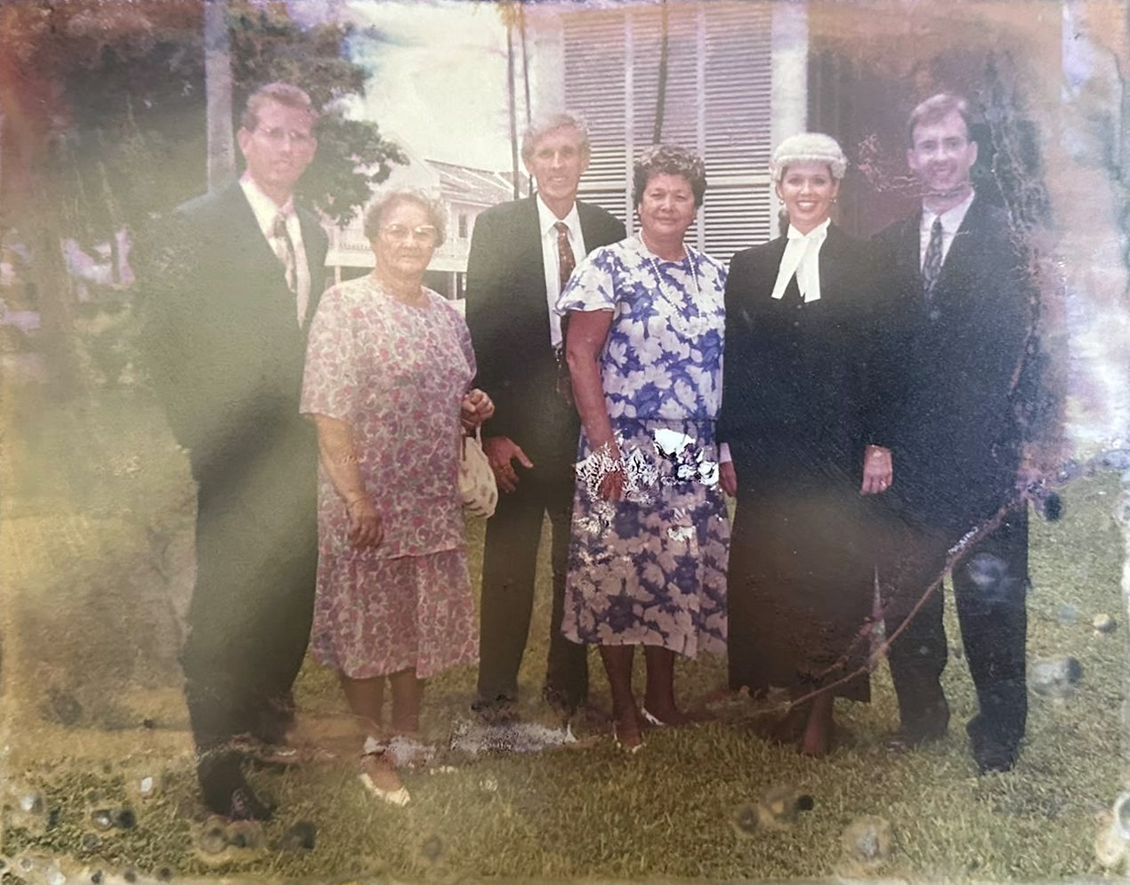 Rhonda L.C. Hull with her family at her 1997 call to the Bahamian Bar, in barrister's wig and robes