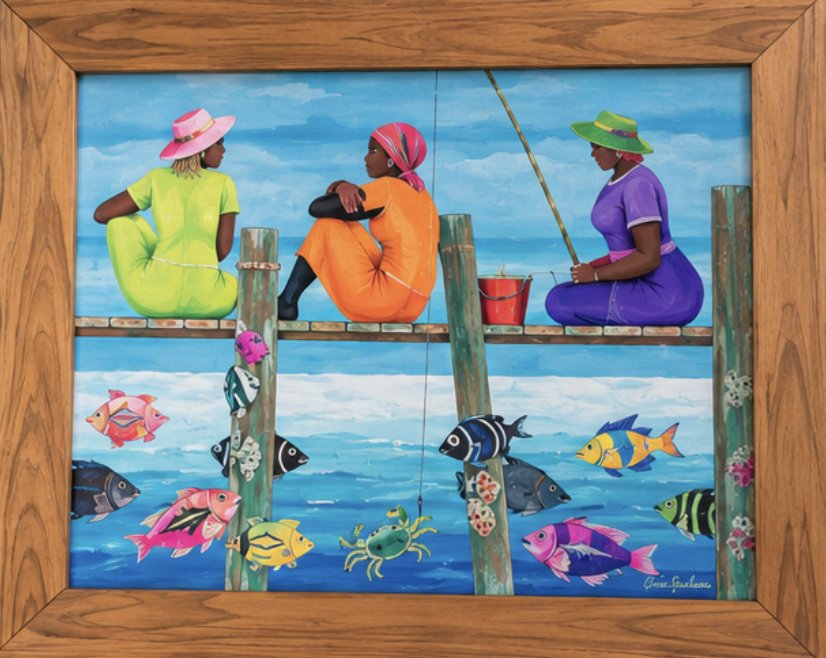 Folk-art painting of Bahamian women fishing from a dock, from the Abaco Art Gallery & Boutique