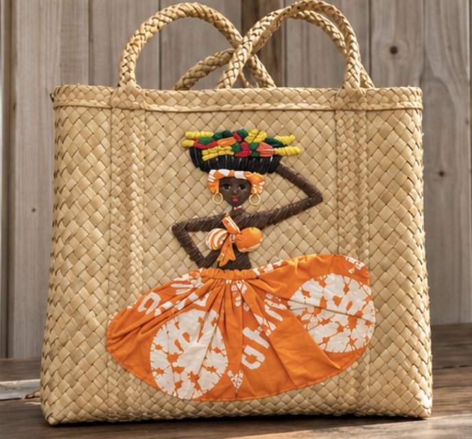Woven straw tote bag with an appliqued figure, from the Abaco Art Gallery & Boutique
