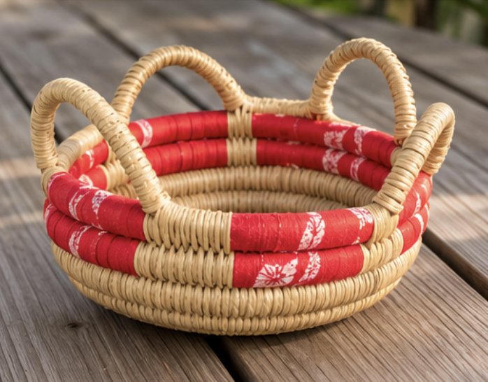Woven basket with patterned fabric trim, from the Abaco Art Gallery & Boutique