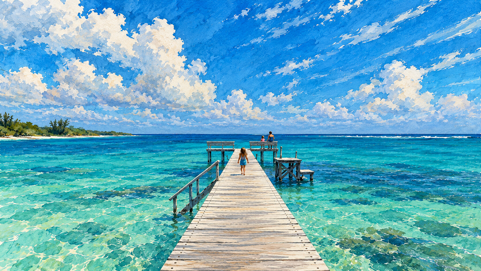 Painterly illustration of a wooden dock reaching into clear turquoise water in Abaco, with a child walking toward two people seated at the end of the dock