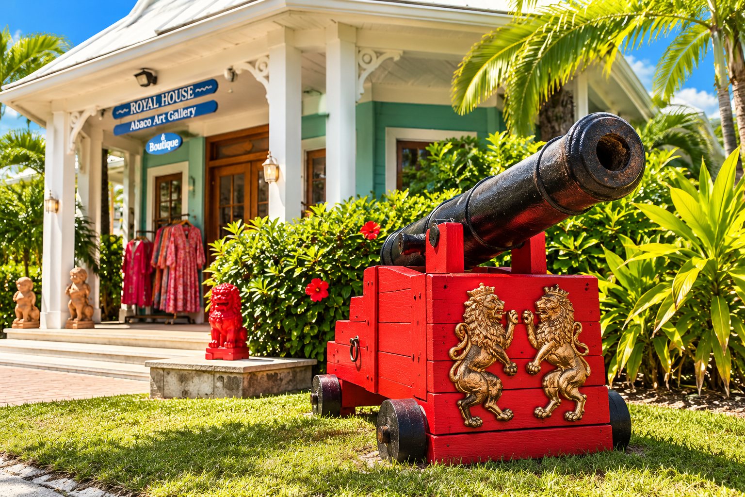 An antique red cannon with a gilded lion crest, standing outside Royal House