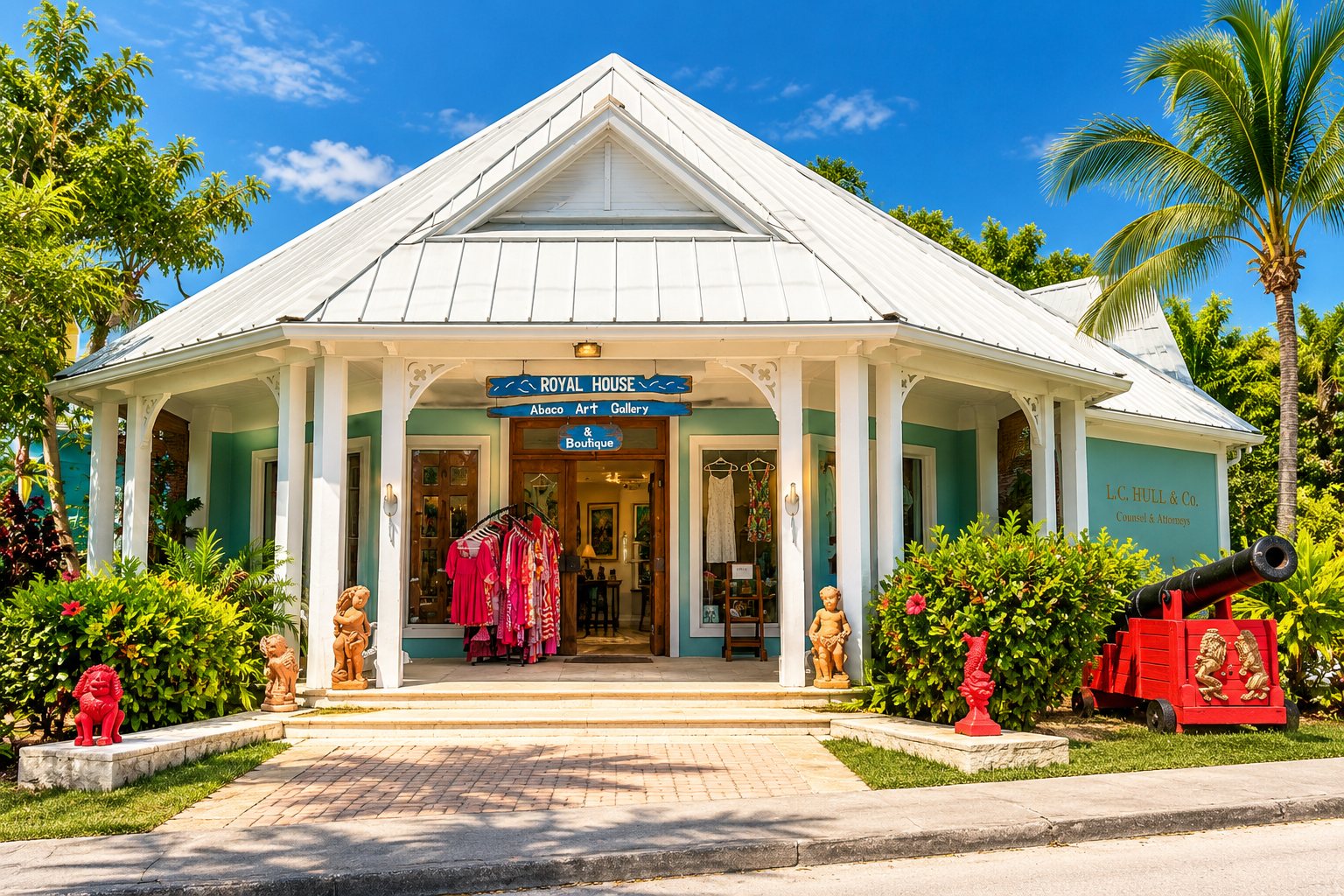 The front entrance of Royal House, Marsh Harbour, Abaco — a green Bahamian building with a white metal roof, home to the Abaco Art Gallery & Boutique